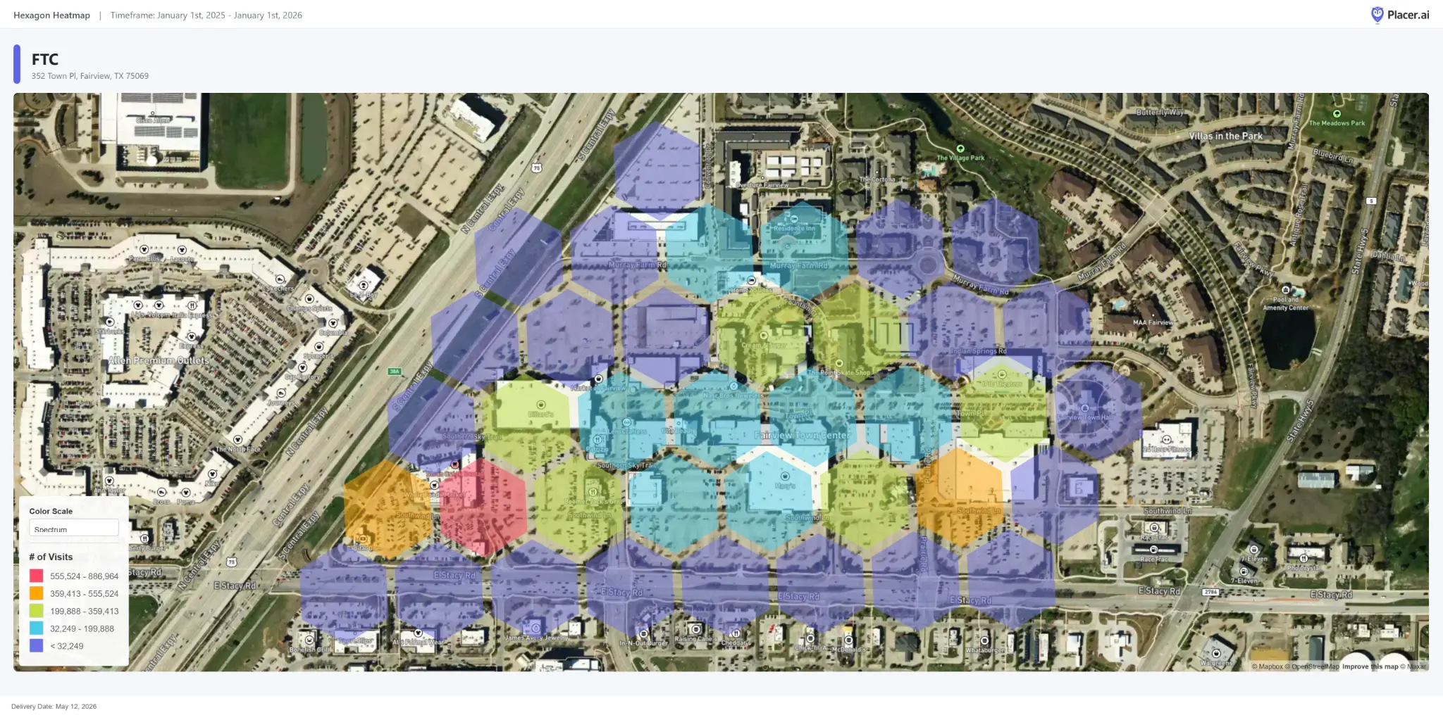 Hexagon heatmap of visits to Fairview Town Center