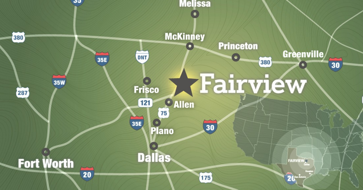 Regional locator map showing Fairview, Texas at the intersection of US-75 and SH-121 in Collin County, surrounded by McKinney, Allen, Plano, Frisco, and the broader Dallas-Fort Worth metroplex, with a Texas inset placing Fairview between Dallas and the rest of the state.